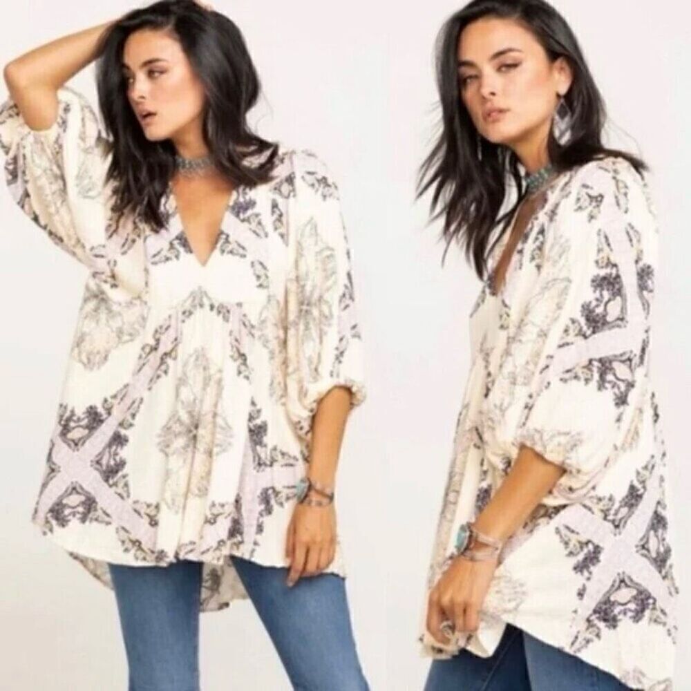 Free People Girl Talk Printed‎ Tunic Top Dress Ivory Combo Boho Women Medium